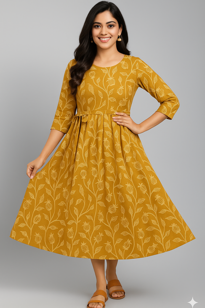 Floral Print A-Line Midi Dress with a Notched Neckline.