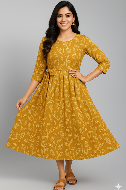 Floral Print A-Line Midi Dress with a Notched Neckline.