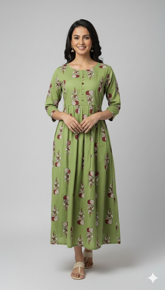 Light Green Floral Print 3/4 Sleeve Dress.