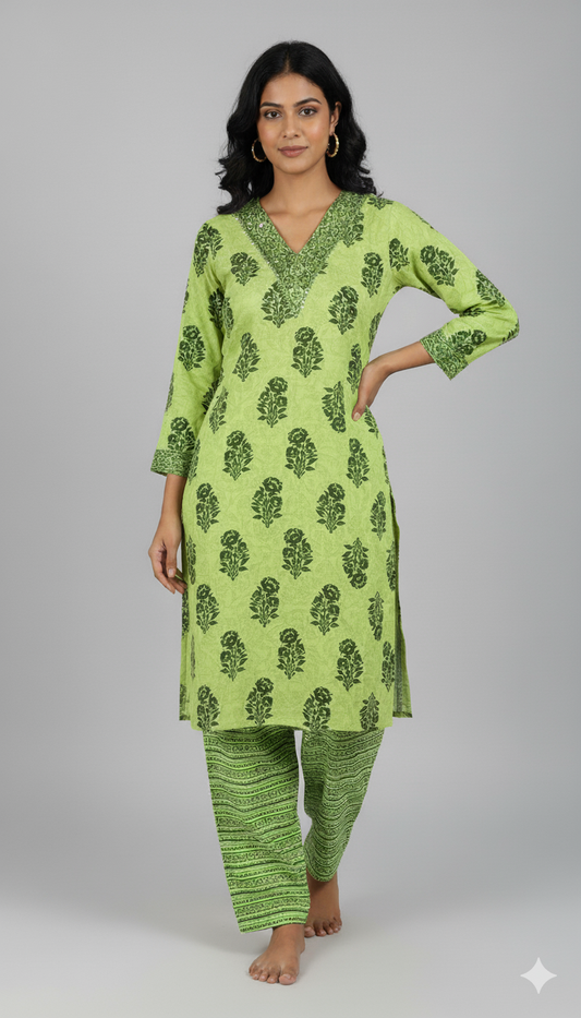 Green Floral Kurta Set