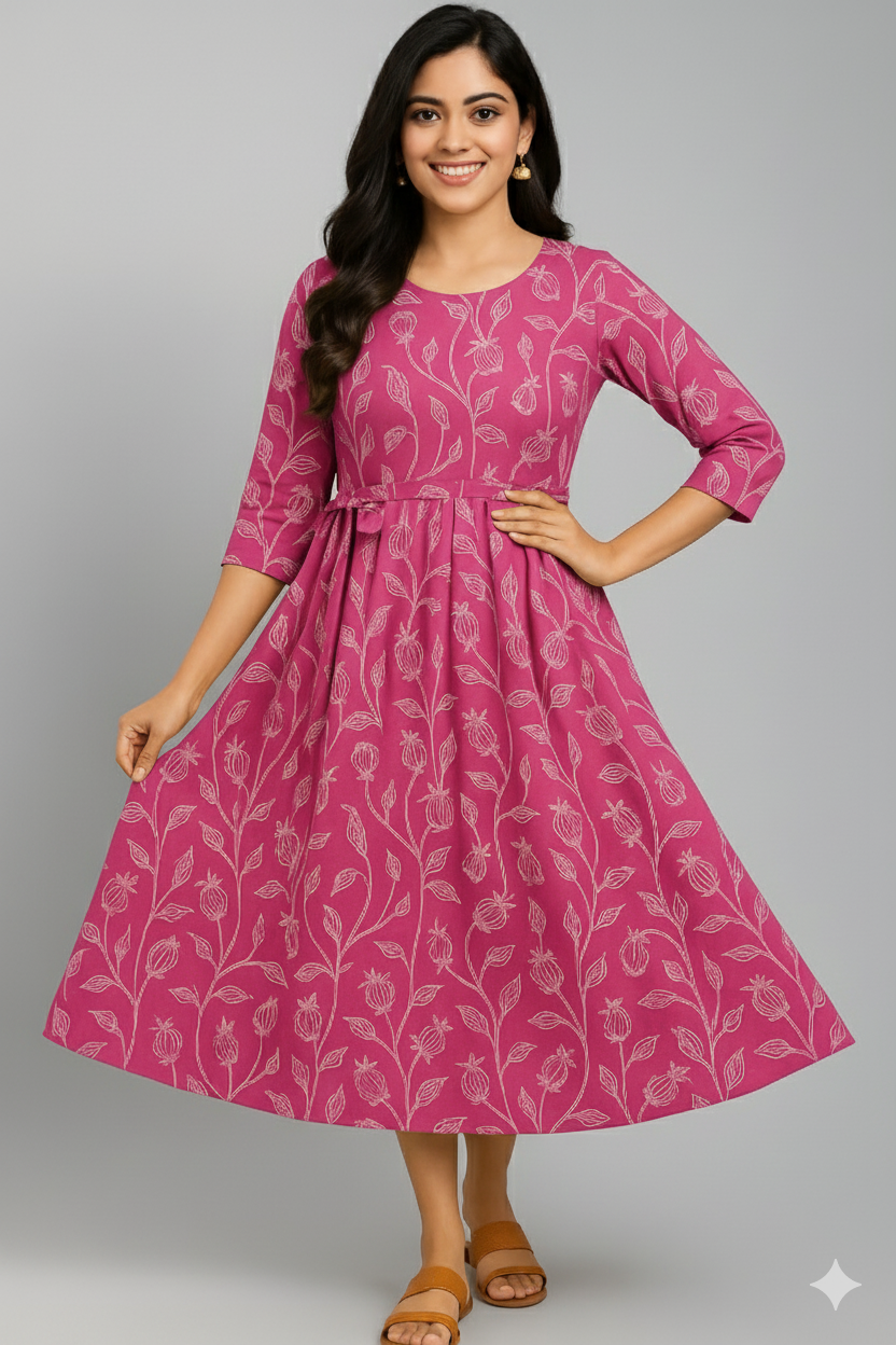 Floral Print A-Line Midi Dress with a Notched Neckline.