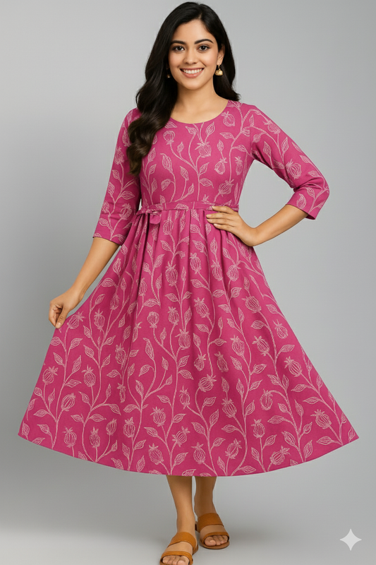Floral Print A-Line Midi Dress with a Notched Neckline.