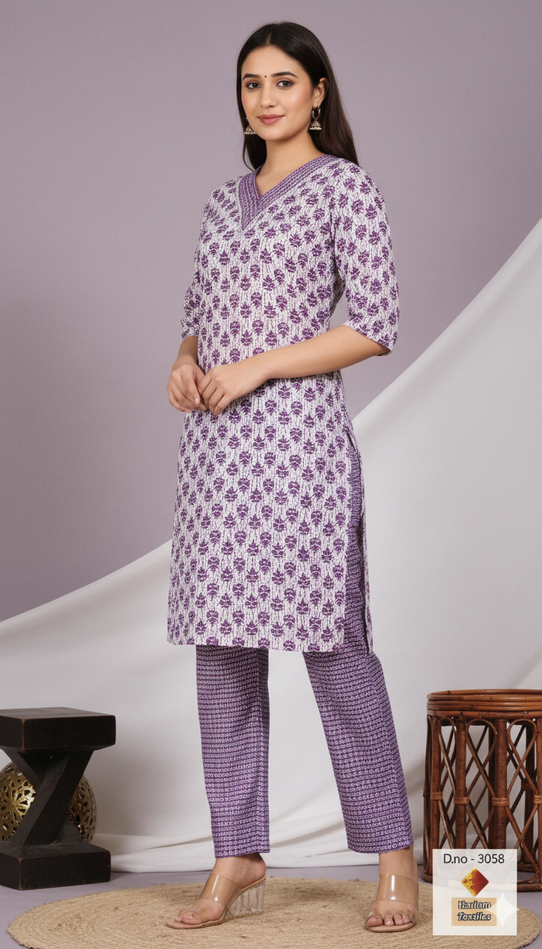 Lavender V-Neck Block Print Kurta Set