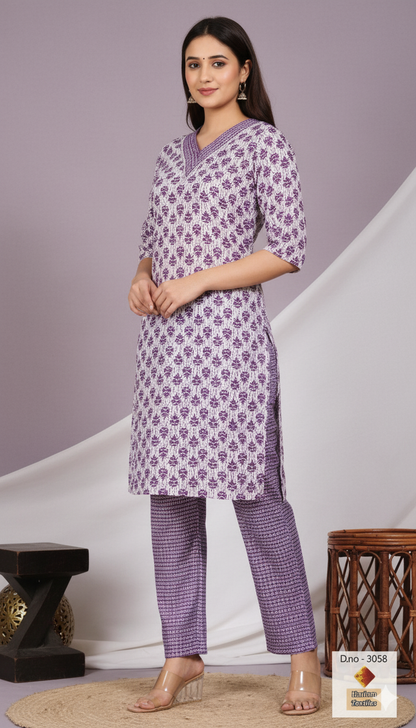 Lavender V-Neck Block Print Kurta Set