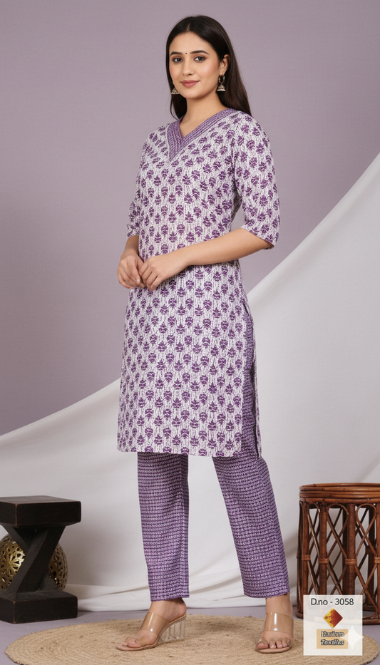 Lavender V-Neck Block Print Kurta Set
