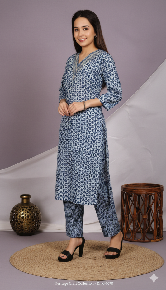 Blue Floral Print Cotton Kurta Set