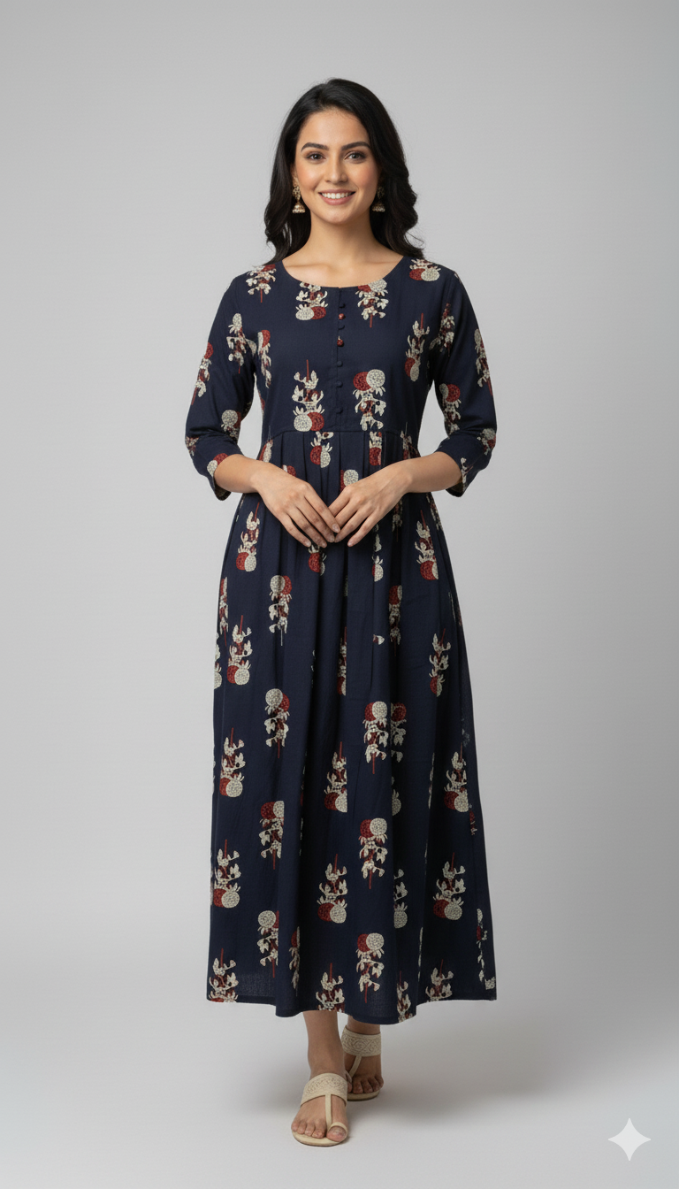 Navy Blue Red Floral Maxi Dress