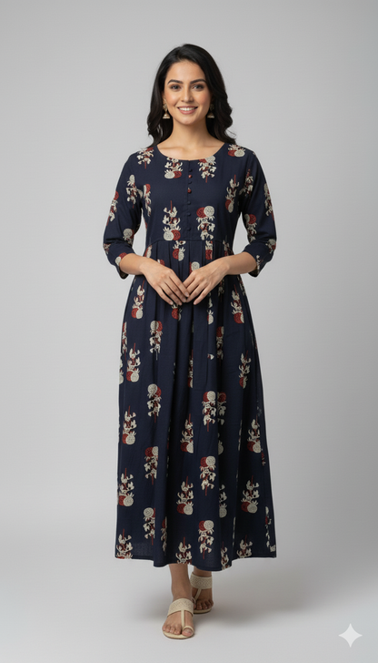 Navy Blue Red Floral Maxi Dress