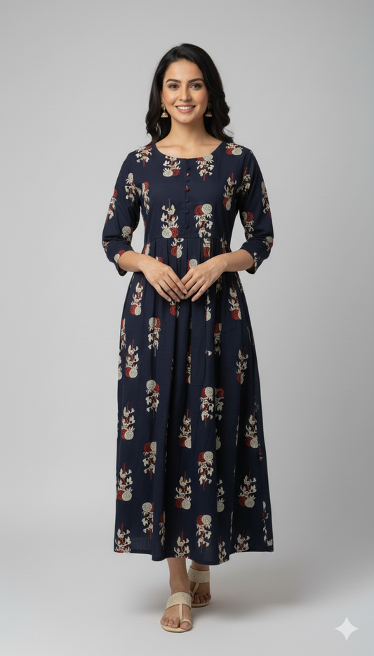 Navy Blue Red Floral Maxi Dress